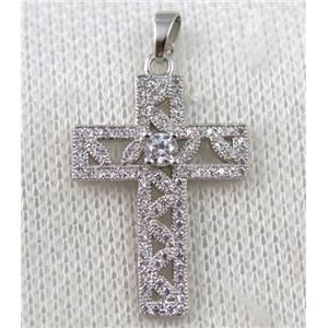 copper cross pendant paved zircon, platinum plated, approx 20x26mm [FDZN1044]