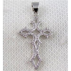 copper cross pendant paved zircon, platinum plated, approx 18x34mm [FDZN1045]