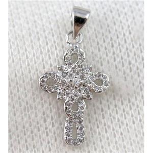 copper cross pendant paved zircon, platinum plated, approx 12x18mm [FDZN1046]