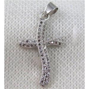 copper cross pendant paved zircon, platinum plated, approx 18x30mm [FDZN1047]