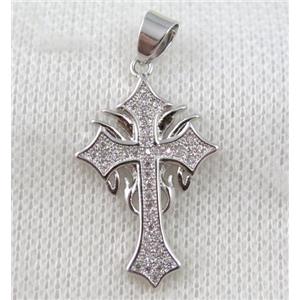 copper cross pendant paved zircon, platinum plated, approx 18x28mm [FDZN1048]