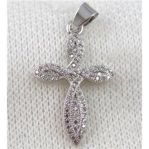 copper cross pendant paved zircon, platinum plated, approx 18x30mm [FDZN1050]