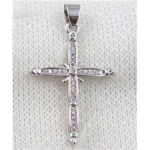 copper cross pendant paved zircon, platinum plated, approx 22x30mm [FDZN1051]