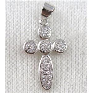 copper cross pendant paved zircon, platinum plated, approx 16x26mm [FDZN1052]