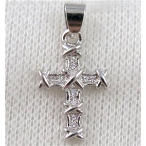 copper cross pendant paved zircon, platinum plated, approx 14x20mm [FDZN1053]