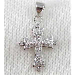 copper cross pendant paved zircon, platinum plated, approx 15x22mm [FDZN1054]