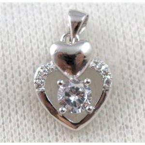 copper heart pendant paved zircon, platinum plated, approx 14x18mm [FDZN1058]