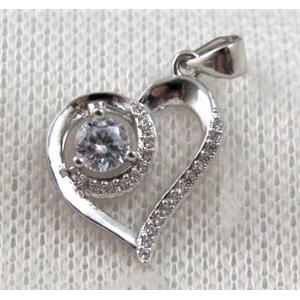 copper heart pendant paved zircon, platinum plated, approx 16x16mm [FDZN1059]