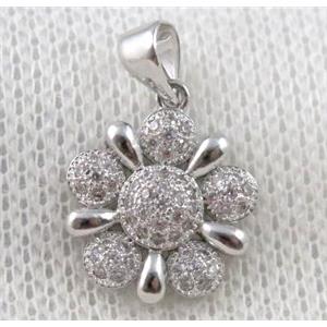 copper flower pendant paved zircon, platinum plated, approx 14mm dia [FDZN1066]