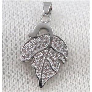 copper leaf pendant paved zircon, platinum plated, approx 14x20mm [FDZN1071]