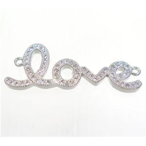 copper LOVE connector paved zircon, platinum plated, approx 12x30mm [FDZN1076]