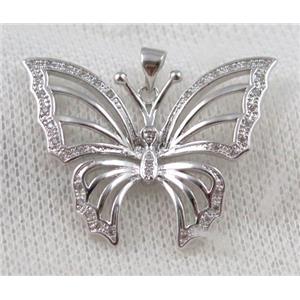copper butterfly pendant paved zircon, platinum plated, approx 26x35mm [FDZN1078]