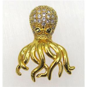 copper octopus beads paved zircon, gold plated, approx 14x22mm [FDZN1098]