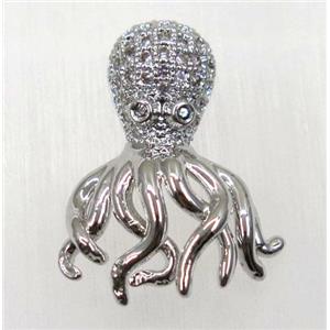 copper octopus beads paved zircon, platinum plated, approx 14x22mm [FDZN1099]
