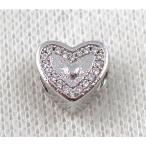 copper heart bead paved zircon, platinum plated, approx 12mm dia, 4mm hole [FDZN1103]
