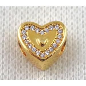 copper heart beads paved zircon, gold plated, approx 12mm dia, 4mm hole [FDZN1104]