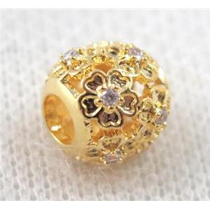 round copper beads paved zircon, hollow, gold plated, approx 10mm dia, 4mm hole [FDZN1105]