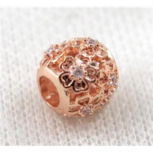 round copper bead paved zircon, hollow, rose gold, approx 10mm dia, 4mm hole [FDZN1106]