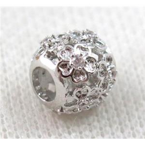 round copper bead paved zircon, hollow, platinum plated, approx 10mm dia, 4mm hole [FDZN1107]