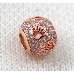 round copper bead paved zircon, hollow, rose gold, approx 8x10mm, 5mm hole [FDZN1108]