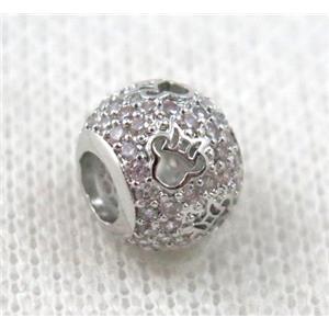 round copper bead paved zircon, hollow, platinum plated, approx 8x10mm, 5mm hole [FDZN1109]