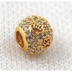 copper round beads paved zircon, hollow, gold plated, approx 8x10mm, 5mm hole [FDZN1110]