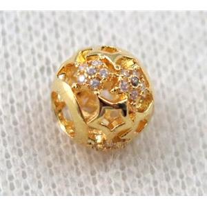 round copper bead paved zircon, hollow, gold plated, approx 8x10mm, 5mm hole [FDZN1111]