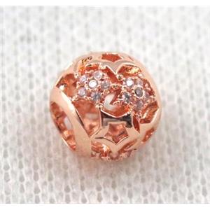 round copper bead paved zircon, hollow, rose gold, approx 8x10mm, 5mm hole [FDZN1112]