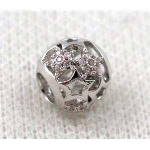 round copper bead paved zircon, hollow, platinum plated, approx 8x10mm, 5mm hole [FDZN1113]