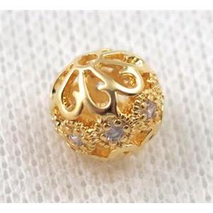 round copper bead paved zircon, hollow, gold plated, approx 12mm dia [FDZN1114-12MM]