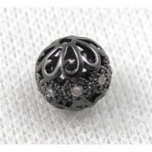 round copper bead paved zircon, black plated, hollow, approx 12mm dia [FDZN1115-12MM]