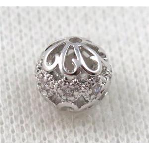 round copper bead paved zircon, hollow, platinum plated, approx 10mm dia [FDZN1116-10MM]