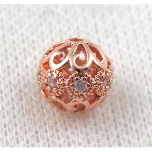 round copper bead paved zircon, hollow, rose gold, approx 8mm dia [FDZN1117-8MM]