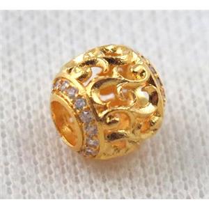 round copper beads paved zircon, hollow, gold plated, approx 10x10mm, 5mm hole [FDZN1118]