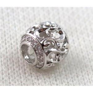 round copper bead paved zircon, hollow, platinum plated, approx 10x10mm, 5mm hole [FDZN1119]