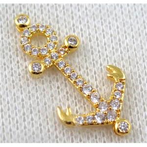 copper anchor pendant paved zircon, gold plated, approx 15x30mm [FDZN1123]