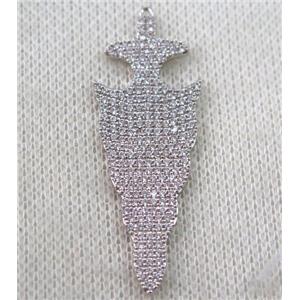 copper arrowhead pendant paved zircon, platinum plated, approx 16x47mm [FDZN1126]