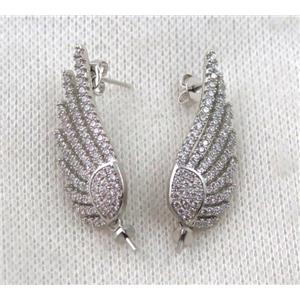 copper earring paved zircon, wing, platinum plated, approx 12x30mm [FDZN1138]