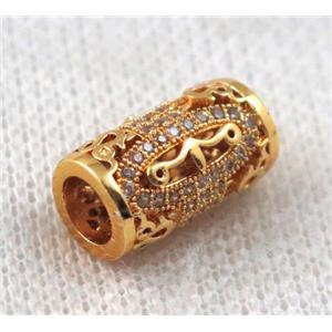 copper tube beads paved zircon, gold plated, approx 8x14mm, 5mm hole [FDZN1142]