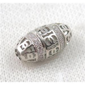 copper oval bead paved zircon, platinum plated, approx 12x20mm [FDZN1143]