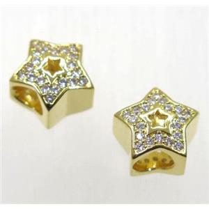European style copper star bead paved zircon, gold plated, approx 10mm, 5mm hole [FDZN1149]