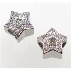 copper star bead paved zircon, platinum plated, approx 10mm, 5mm hole [FDZN1150]