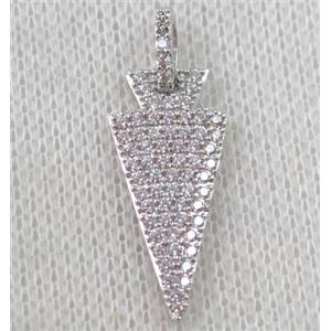 copper arrowhead pendant paved zircon, platinum plated, approx 10x30mm [FDZN1174]