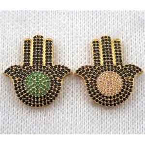 copper hamsahand beads paved zircon, gold plated, approx 21x25mm [FDZN1364]