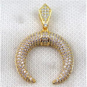 copper crescent moon pendant paved zircon, gold plated, approx 25mm [FDZN1376-S]