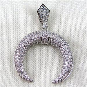 copper crescent moon pendant paved zircon, platinum plated, approx 25mm [FDZN1377-S]