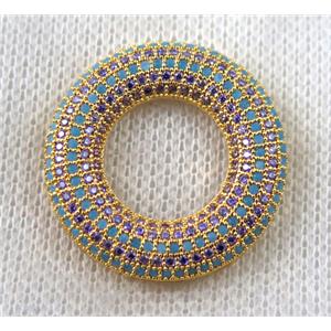 copper donut pendant paved zircon, gold plated, approx 27mm dia [FDZN1385]
