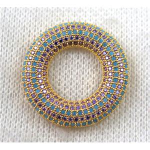 copper donut pendant paved zircon, gold plated, approx 27mm dia [FDZN1387]