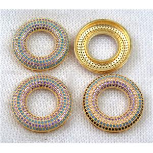 copper donut pendant paved zircon, gold plated, mix color, approx 27mm dia [FDZN1390]