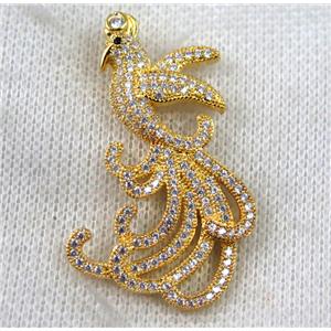copper peacock pendant paved zircon, gold plated, approx 28-45mm [FDZN1402]